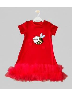 1-2-3 Yaş Arıcık Nakışlı Eteği Fırfırlı Jile Kız Çocuk Elbisesi Kırmızı