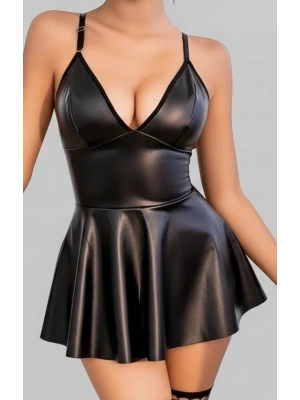 Bicomi Siyah Ayarlanabilir İnce Askılı Fantezi Parlak Deri Elbise