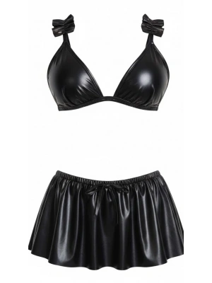 Bicomi Dekolteli Parlak Siyah Mini Etekli Deri Sütyen Takımı