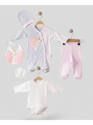 Kelebek Nakışlı Tulumlu % 100 Pamuk Kız Bebek 5li Set
