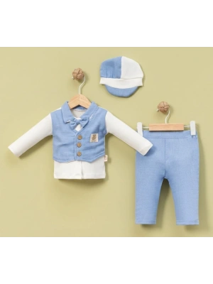 6-9-12-18 Ay Yelek Detaylı Kasketli Uzun Kollu Mevsimlik 3 Lü Erkek Takımı