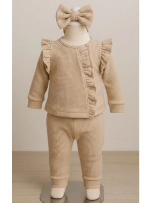 Orkide Desenli Fisto Detaylı 3 Parça Kız Bebek Takımı %100 Pamuk