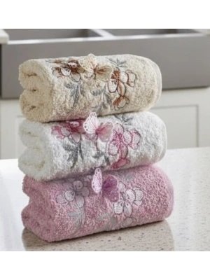 3lü Lüks %100 Pamuklu Mutfak Havlusu Seti 3D Kelebek Aplikeli 30x50 Cm