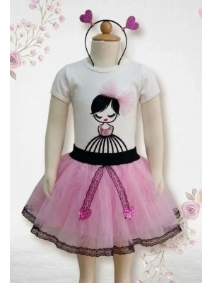 9-12-18 Ay Saçı Örgülü Kız Nakışlı Kurdelalı Kısa Kollu Tütü Etek 2li Kız Bebek Takımı Lila