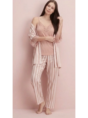 Bicomi İp Askılı V Yaka Kadın Viskon Çizgili Desenli Yazlık Örme Pijama Sabahlık Takımı