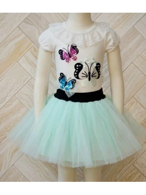 Tahriş Etmeyen Özel Dikişli 3lü Kız Bebek Takımı - Payetli Kelebek Serisi Su Yeşili