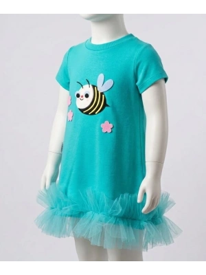 Bicomi Antialerjik Pamuklu Arıcık Nakışlı Fırfırlı Kız Çocuk Jile Elbise – Turkuaz
