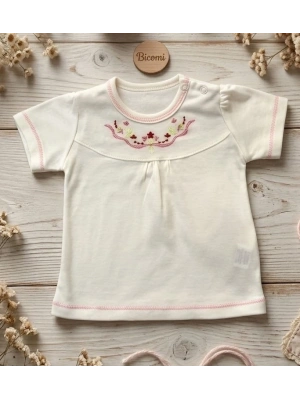 Bicomi Kaşındırmayan Etiketsiz Tasarım Nakışlı Kısa Kollu Bebek Seti