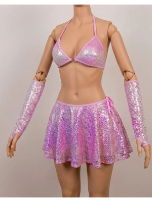 Işıltılı Silüet: Pembe Parlak Etekli Fantezi Takım