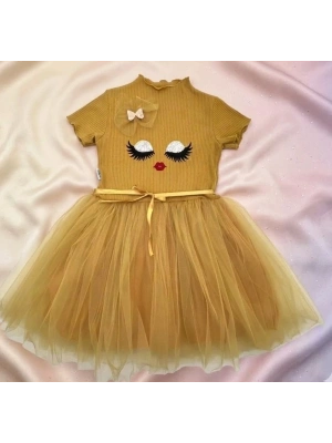 Bicomi Antialerjik Pamuklu – Payetli ve Şık Tasarım Kız Çocuk Elbisesi (Hardal)