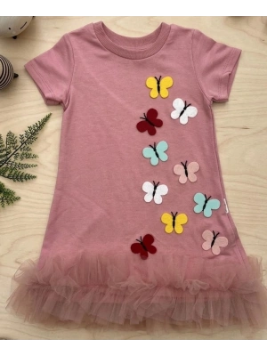 Antialerjik Pamuklu Kelebek Nakışlı Gül Kurusu Jile Elbise (Tahriş Etmeyen Özel Dikişli)