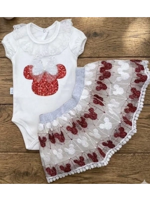 Mickey Payet Nakışlı Brode Etekli Kız Bebek Özel Gün Takımı - Kırmızı