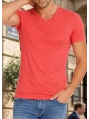 Vücudu Saran Esnek Yapılı V Yaka Slim Fit Likralı Erkek Basic Tişört – Nar Çiçeği