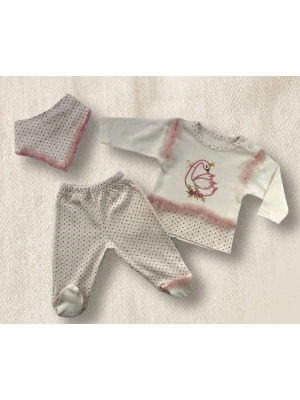 Antialerjik Pamuklu Kuğu Nakışlı 3’lü Kız Bebek Takımı (Bandajlı & Sweatli)