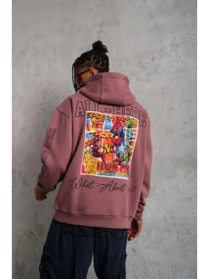 93 Dijital Parça Baskılı Kapşonlu Sweat - Gül Kurusu