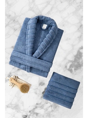 AquaLoom Lüx Erkek Bornoz ve Havlu Seti %100 Pamuklu Mavi