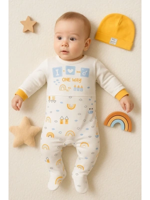 Araba Desenli Sarı 2li Şapkalı Erkek Bebek Tulumu