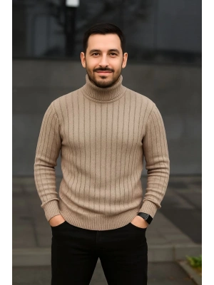Balıkcı Yaka Bağazlı Triko Kazak Pamuklu Kalın Fitilli Dokuma, Regular - Bej