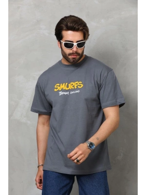 Basic Bisiklet Yaka Oversize T-Shirt - Füme -