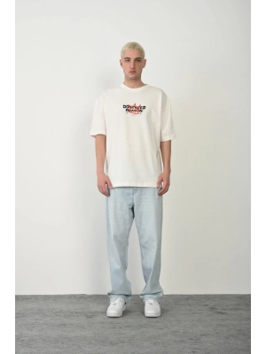 Baskılı Bisiklet Yaka Oversize T-Shirt - Beyaz -