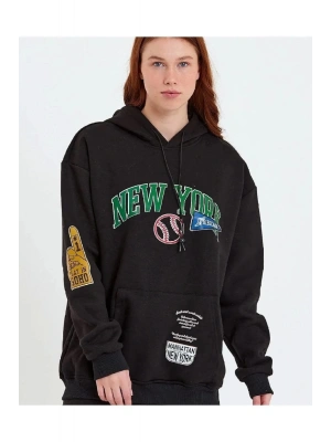 Baskılı Kapüşonlu Sweatshirt - Siyah -