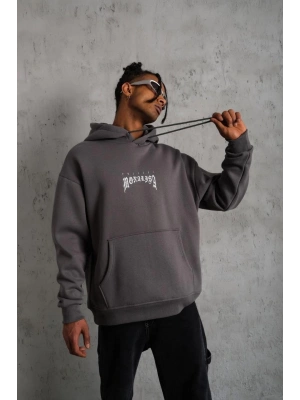 Baskılı Kapüşonlu ve Kanguru Cepli Sweat- Gri