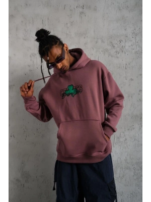 Baskılı Kapüşonlu ve Kordon İpli Sweat - Gül Kurusu