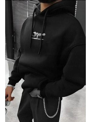 Baskılı Kapüşonlu ve Kordon İpli Sweat - Siyah -