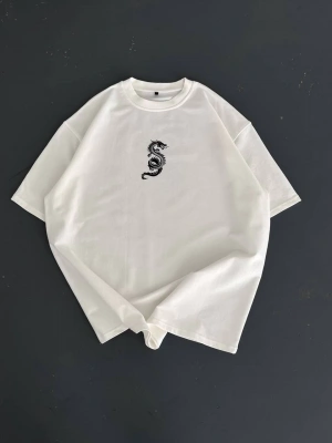 Baskılı Oversize Bisiklet Yaka T-shirt - Beyaz -