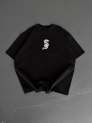 Baskılı Oversize Bisiklet Yaka T-shirt - Siyah -