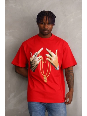 Baskılı Oversize T-Shirt - Kırmızı -