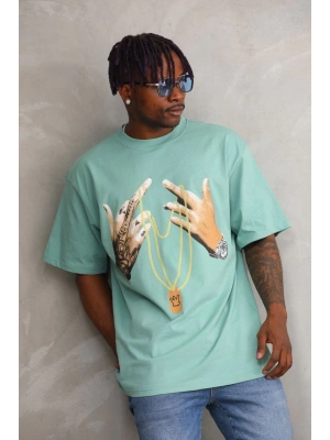 Baskılı Oversize T-Shirt - Mint Yeşili