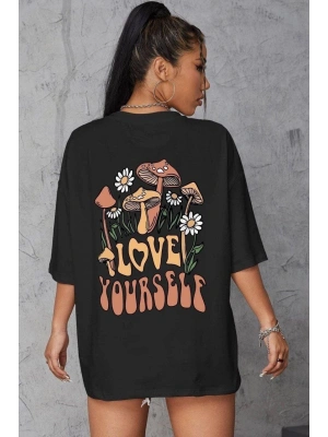 Baskılı Oversize T-Shirt - Siyah -