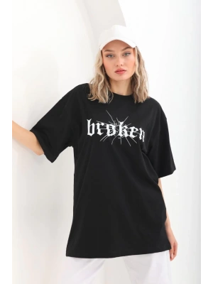 Baskılı Oversize T-Shirt - Siyah -