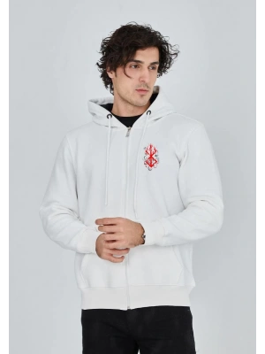Baskılı Tam Fermuarlı Kapşonlu SweatShirt - Beyaz -