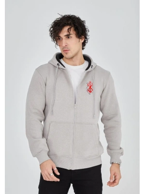 Baskılı Tam Fermuarlı Kapşonlu SweatShirt - Boyalı Gri