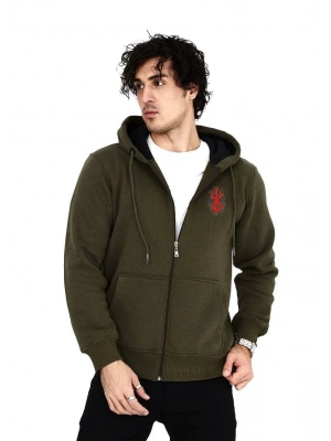 Baskılı Tam Fermuarlı Kapşonlu SweatShirt - Haki -