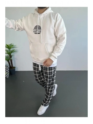 Baskılı Üç İplik Kapüşonlu Oversize Sweatshirt - Beyaz -