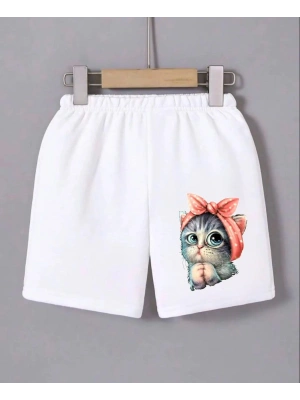 Beli Lastikli Baskılı Mini Şort - Beyaz -