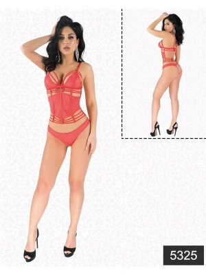 Bicomi Kırmızı Simli Dantel Büstiyer Takım