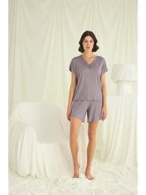 Bicomi Kısa Kollu Dantelli V Yaka Şort Takımı
