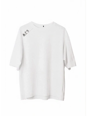 Bisiklet Yaka Baskılı Oversize T-Shirt - Beyaz -