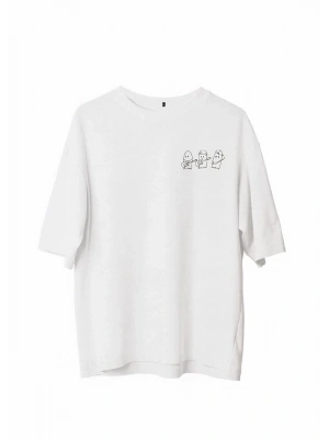Bisiklet Yaka Baskılı Oversize T-Shirt - Beyaz -