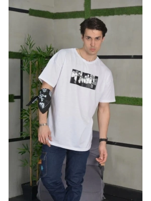 Bisiklet Yaka Baskılı Oversize T-Shirt - Beyaz -