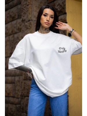Bisiklet Yaka Baskılı Oversize T-Shirt - Beyaz -