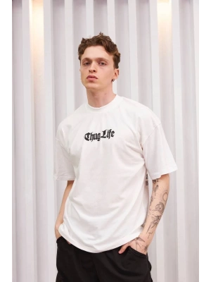 Bisiklet Yaka Baskılı Oversize T-Shirt - Beyaz -