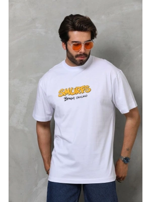 Bisiklet Yaka Baskılı Oversize T-Shirt - Beyaz -