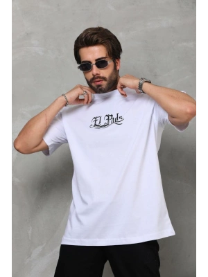 Bisiklet Yaka Baskılı Oversize T-Shirt - Beyaz -