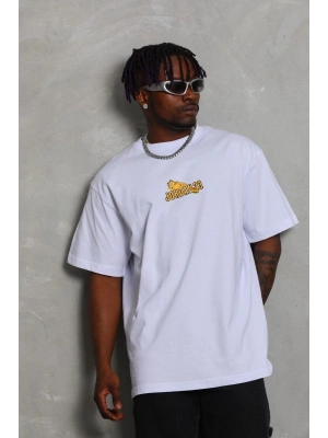 Bisiklet Yaka Baskılı Oversize T-Shirt - Beyaz -