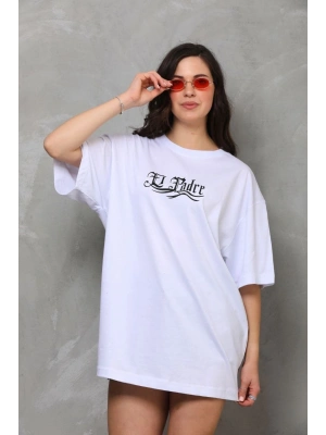 Bisiklet Yaka Baskılı Oversize T-Shirt - Beyaz -